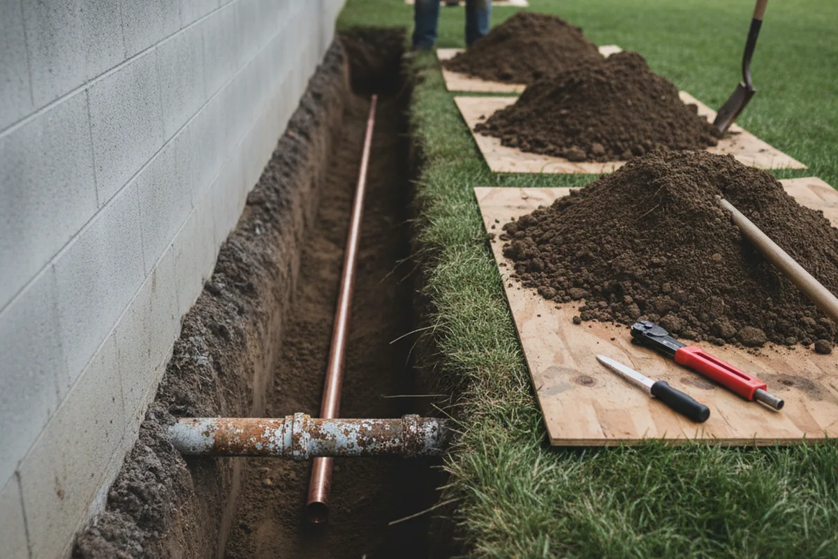 Excavated water line trench during Water Softener Installation in Houston